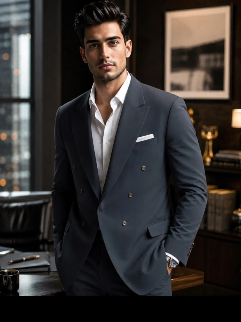 City Streets Men's Double-Breasted Dark Gray Suit Blazer